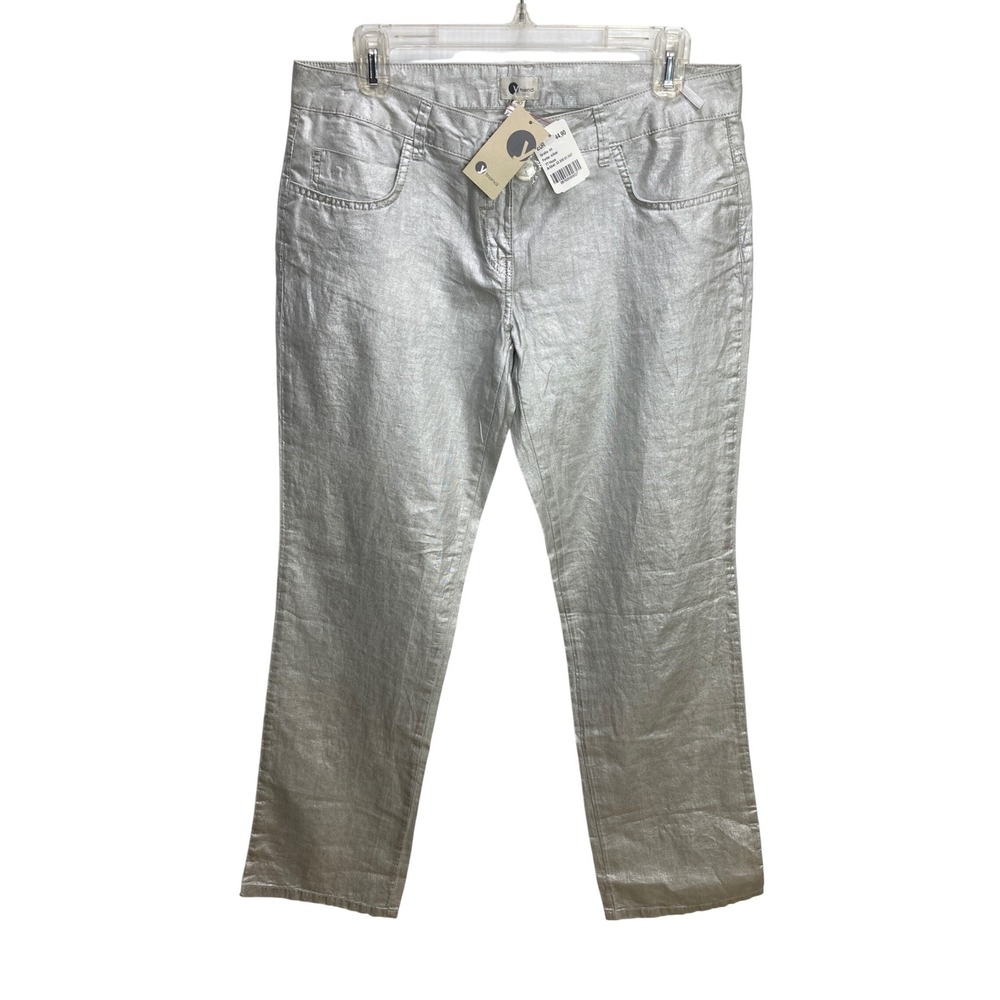 Y Trend Silver Metallic Pants Women's Size 40 Straight Leg Trousers‎ New